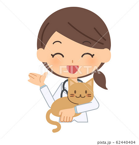 女性獣医 猫 手指示 笑顔のイラスト素材