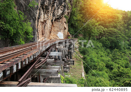 Train ride on the Death railway (river Kwai, Thailand). Death Railway train passing over the Tham Krasae Viaduct. Thai - Burma Railway 62440895