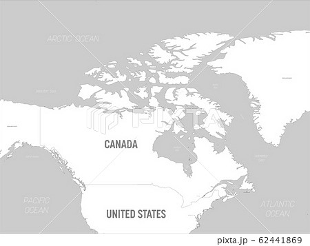 Canada map - white lands and grey water. High detailed political map Canada and neighboring countries with country, capital, ocean and sea names labeling 62441869