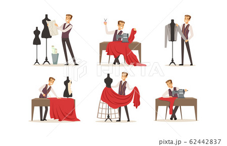 Male Clothing Designer Tailor Working at Atelier Collection, Dressmaker Making Out and Sewing Clothes by Sewing Machine Vector Illustration Male Clothing Designer Tailor Working at Atelier Collection, Dressmaker Making Out and Sewing Clothes by Sewing Machine Vector Illustration 62442837