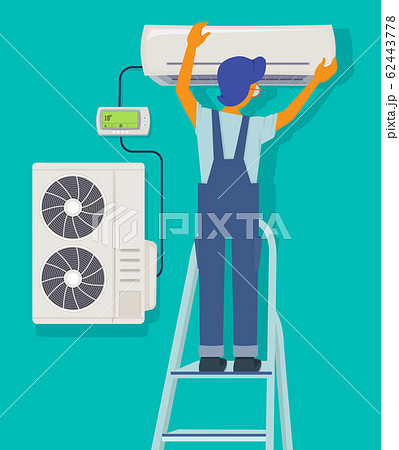 Conditioner repair. Repairman character installing maintenance home items house cold ventilation protection vector concept 62443778