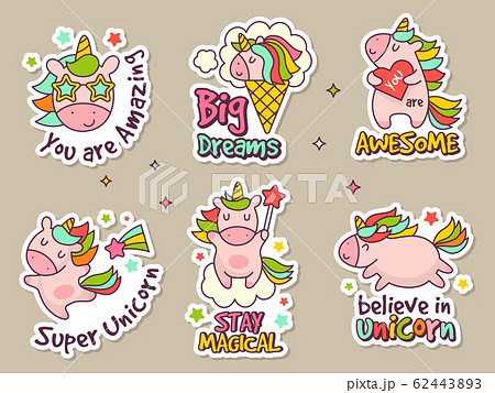 Unicorn badges. Fashion labels set or stickers with fairytale characters vector retro objects set 62443893