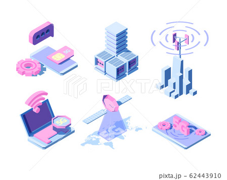 5g isometric. Telecommunication industrial innovation wireless world different gadgets online clouds smartphone vector 62443910
