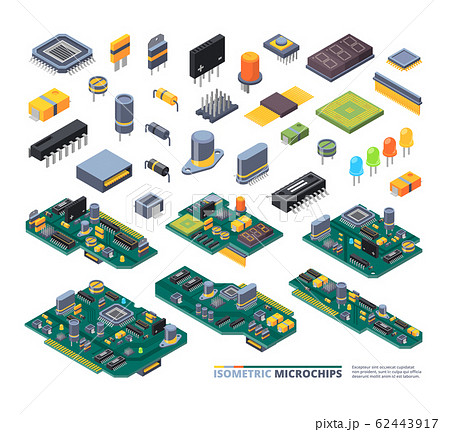 Electrical boards isometric. Hardware items computer power diodes semiconductors and small chip vector equipment set 62443917