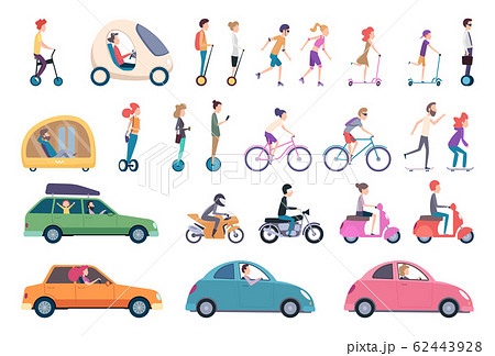 City transport. People driving cars scooter bike hoverboard segway urban activity people lifestyle vector set 62443928
