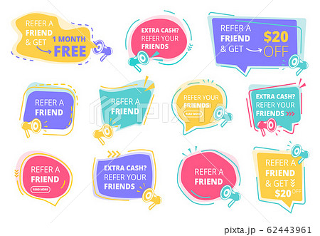 Refer a friend. Referral program promotional stickers vector colored badges design template 62443961