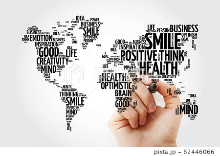 Positive thinking word cloud in shape of world map Positive thinking word cloud in shape of world map 62446066
