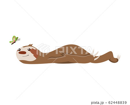 Cute baby sloth lies and looks at the butterfly. Adorable cartoon animal. Funny cartoon sloth sleeping with full belly. Cute lazy character vector illustration 62448839