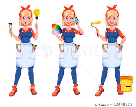 Painter woman with roller. Beautiful lady painter Painter woman with roller. Beautiful lady painter 62449275