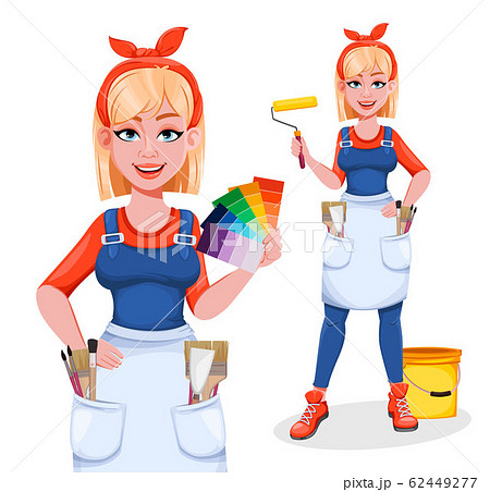 Painter woman with roller. Beautiful lady painter 62449277