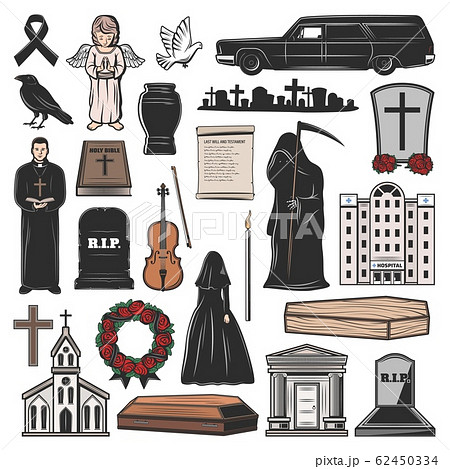 Funeral coffin, grave, candle and tombstone cross Funeral coffin, grave, candle and tombstone cross 62450334