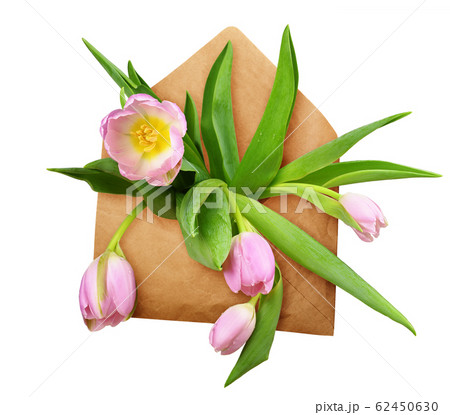 Opened craft paper envelope with pink tulip 62450630
