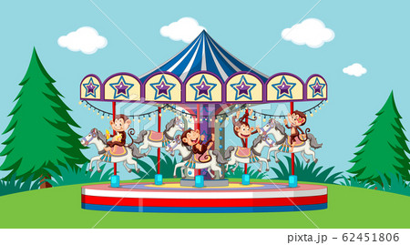 Scene with cute monkeys riding on carousel in the 62451806