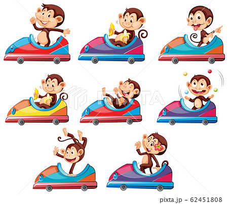 Set of monkeys riding on toy car 62451808