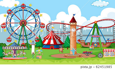 Scene with ferris wheel and roller coaster in the 62451985