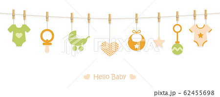 baby shower welcome greeting card for childbirth with hanging utensils 62455698