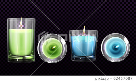 Burning candles in glass jars front and top view 62457087
