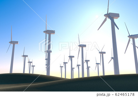 風力タービンでエネルギーを蓄える。自然環境を考える。3Dイラスト 62465178