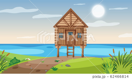 Scene with wooden cottage in the field by the 62466814