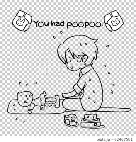 赤ちゃんのおむつ替えに戸惑う新米パパ 線画 のイラスト素材 赤ちゃんのおむつ替えに戸惑う新米パパ 線画 のイラスト素材