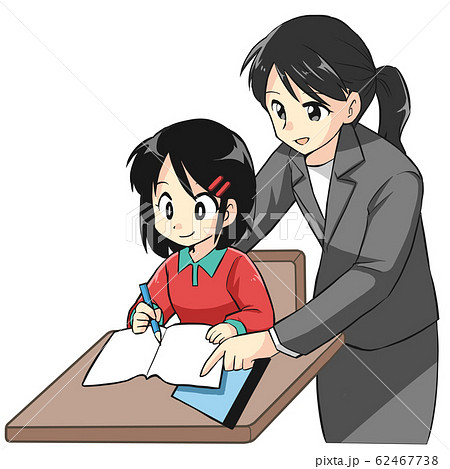 勉強する女子小学生と先生のイラストのイラスト素材