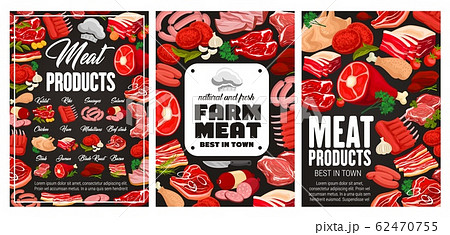 Sausages of beef and pork meat, ham and salami Sausages of beef and pork meat, ham and salami 62470755
