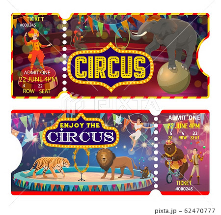 Circus tickets with clown, juggler and animals 62470777