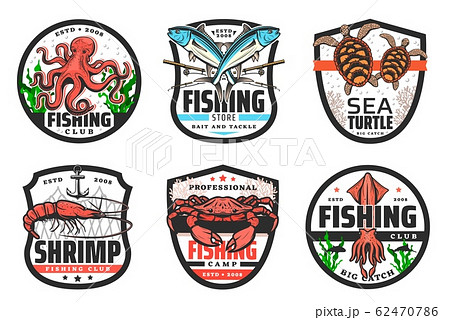 Seafood and fish with fishing rods and net icons 62470786