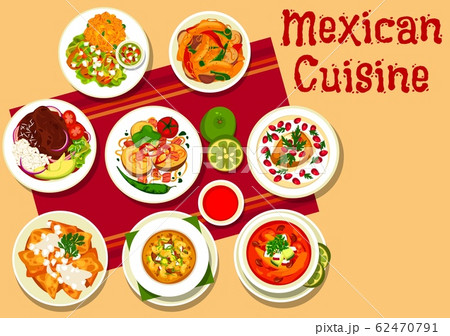 Mexican dishes with meat, vegetables, chilli sauce 62470791