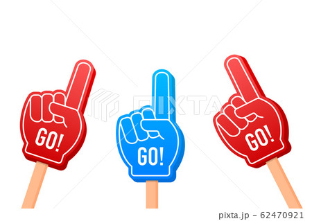 Cartoon Fan Foam Color Gloves on Hands. Hand up 62470921