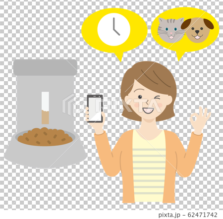A woman holding an automatic feeding machine and a smartphone A woman holding an automatic feeding machine and a smartphone 62471742