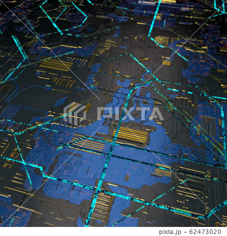 Circuit board futuristic server code processing. Angled view blue color technology black background. 3d 62473020