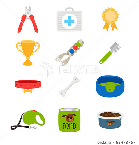 Dogs accessorises, food, toys, aid box vector icons 62473767