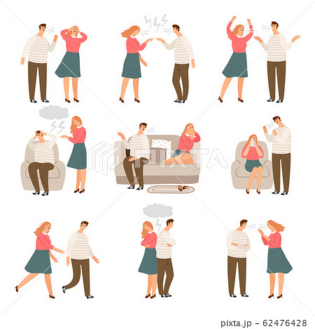 Unhappy family. Husband and wife or couple of people during conflict vector characters 62476428
