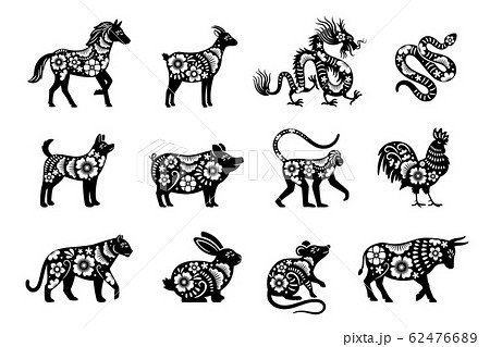 Traditional chinese horoscope with flowers. Traditional chinese horoscope with flowers. 62476689