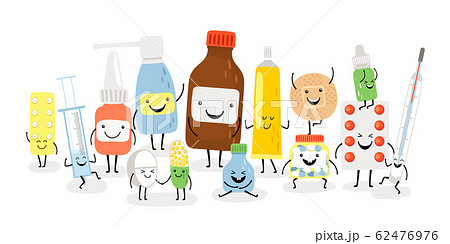 Drug characters tablet, syringe, thermometer and pill 62476976