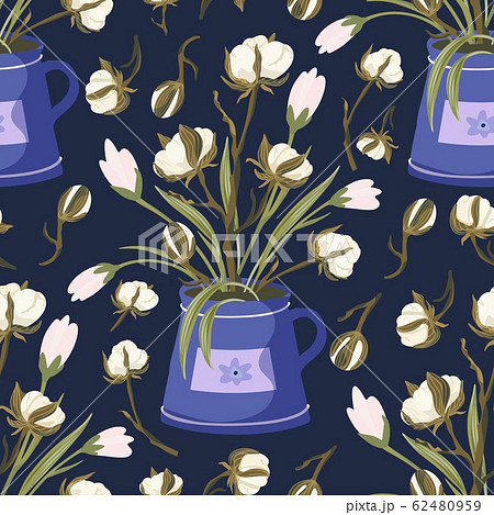 Cotton flower vector seamless pattern. 62480959