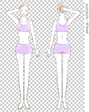 全身女性裸眼閉一隻手舉起衣服紫色（彩色） 62481054