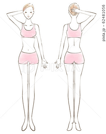 全身 女性 裸 目閉じる 片手あげ 服 ピンク（色つき） 62481056