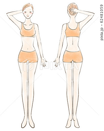 全身 女性 裸 目閉じる 片手あげ 服 オレンジ（カラー） 62481059