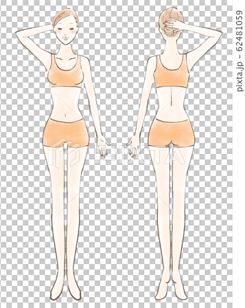 全身 女性 裸 目閉じる 片手あげ 服 オレンジ（カラー） 62481059