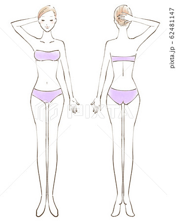 全身 女性 裸 目閉じる 片手あげ ビキニ 紫（色つき） 62481147