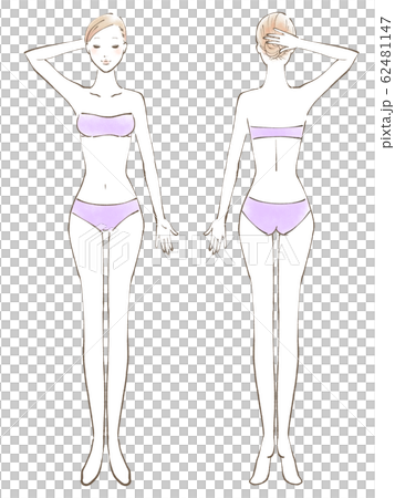 全身 女性 裸 目閉じる 片手あげ ビキニ 紫（色つき） 62481147