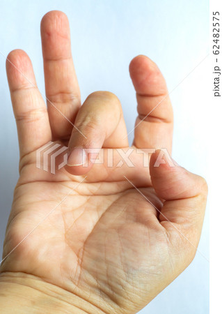 Trigger Finger lock on middle finger of woman's right hand, Suffering from pain, White background, Health care concept 62482575