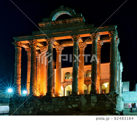 The Roman temple of Diana in Merida, illuminated at night, Extremadura, Spain The Roman temple of Diana in Merida, illuminated at night, Extremadura, Spain 62483164