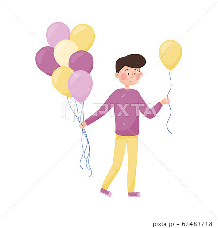 Young Boy Walking Along the Street and Handing Around Balloons Vector Illustration Young Boy Walking Along the Street and Handing Around Balloons Vector Illustration 62483718