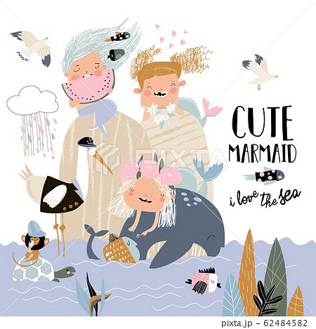 Cute little mermaids with happy cartoon friends 62484582