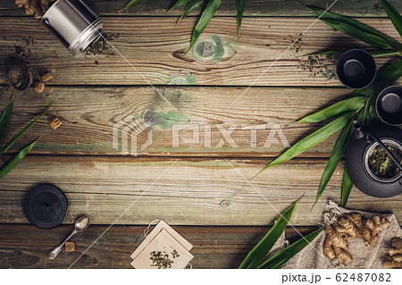 Ginger Tea composition flat lay, Making tea on wooden table background Ginger Tea composition flat lay, Making tea on wooden table background 62487082