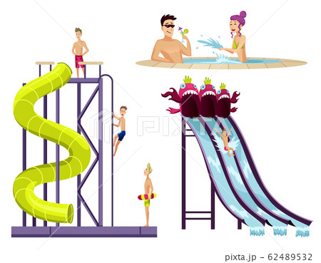Colorful aquapark set of various water tubes with playing children. Attraction in waterpark.. Two resting in little swim pool. Flat style isolated vector illustration 62489532