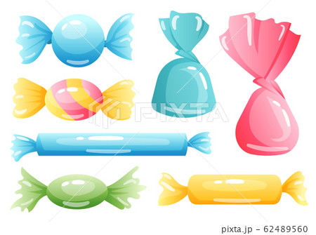 Set of sweets on white background - bar, candy cane, lollipop, candy in the wrapper. Tasty delicious. Vector illustration 62489560